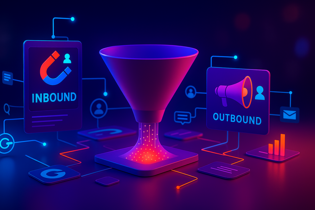 IMAGEM ILUSTRATIVA INBOUND + OUTBOUND + FUNIL HÍBRIDO + KRAMAS + MARKETING